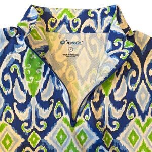 IBKUL Women's Short Sleeve Mock Neck Top LARGE BlueGreen Ikat Golf Polo Sun UPF